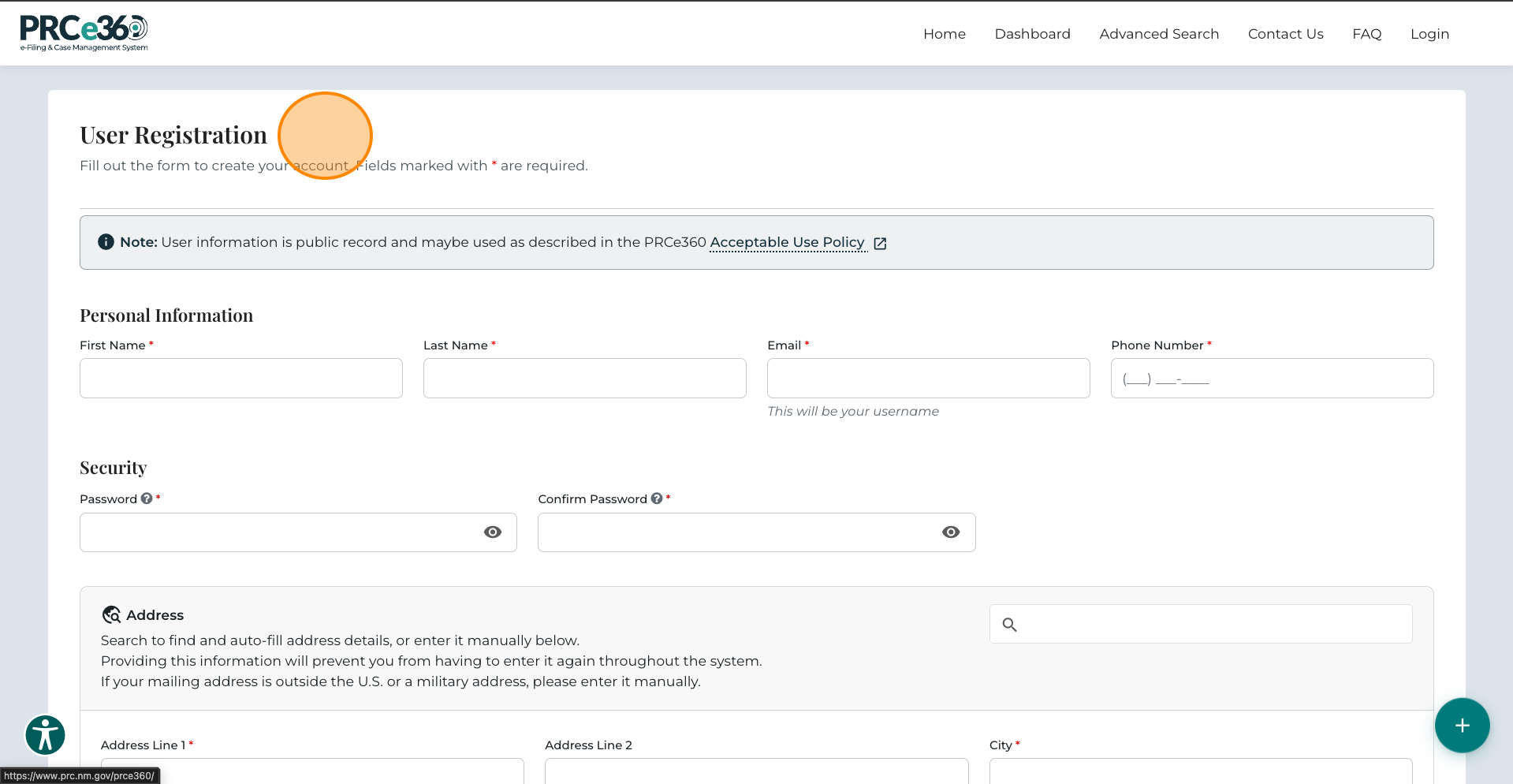 Registration required fields