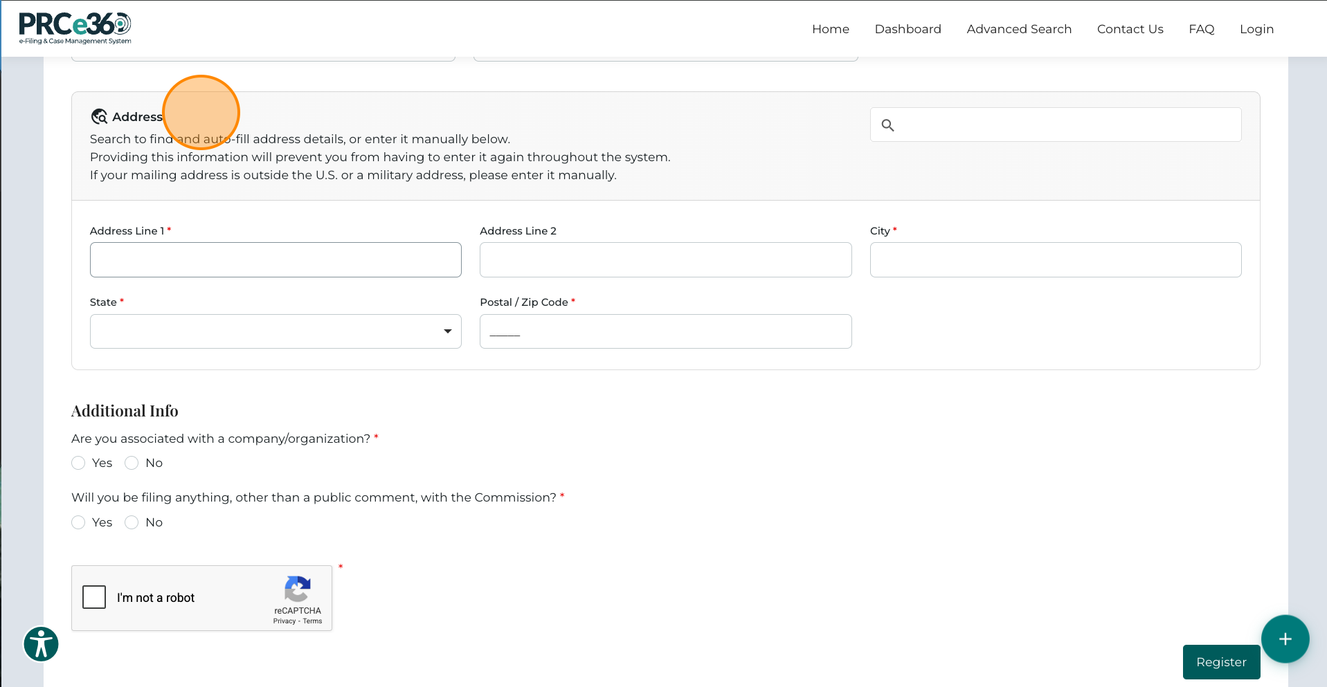 Registration address fields